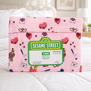 Sesame Street Elmo Twin Cotton Sheet Set Pink- 3 Piece Cookie Monster Big Bird